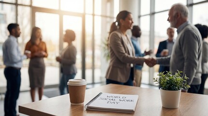 Fototapeta premium Diverse group of business professionals networking and shaking hands in a modern sunlit office.