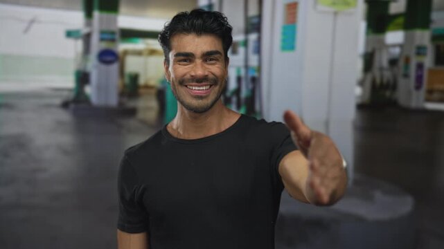 Hispanic man smiles and extends hand for handshake at urban petrol station on street; trust connection.