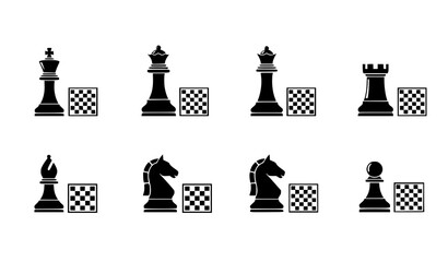 A set of black chess pieces and pawns on a white background © MdMursalin
