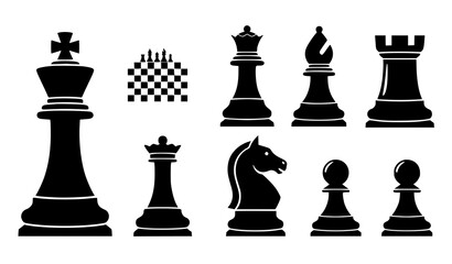 A set of black chess pieces and a chessboard on a white background © MdMursalin