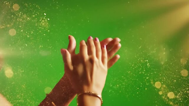 Green Screen hands are clapping at background a applauding chroma key concept of victory and award copy text space scene 4 with distortion, overlay, glitch, static noise, scan lines on black