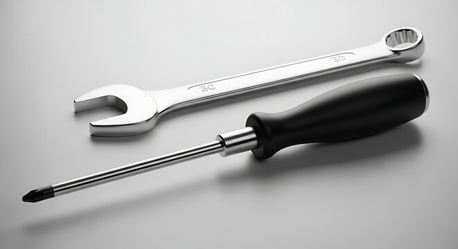 Close-up of screwdriver and wrench on clean surface with minimal composition. Repair and maintenance concept highlighting precision tools and simple studio setup.