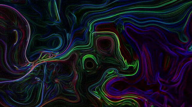 Dynamic neon fluid waves moving across a dark surface creating vibrant abstract motion and glowing organic shapes ideal for futuristic visuals digital art backgrounds and creative motion design.