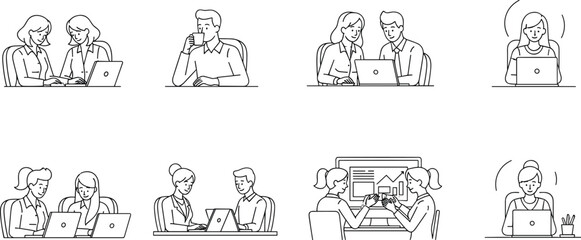 Business people working on laptops, office teamwork collaboration scenes, coworkers meeting discussion, remote work and productivity line illustration