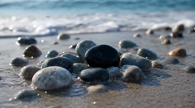 Ground level view of ocean waves and smooth beach stones at water's edge