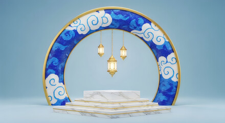 Elegant islamic podium stage with hanging lanterns and cloud arch