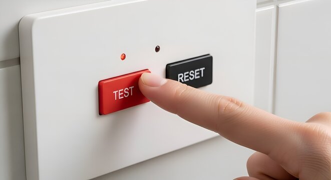 A person tests the safety of a GFCI outlet by pressing the test button.