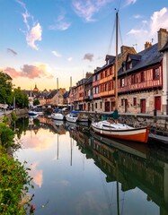 A serene canal scene with boats and buildings at sunset