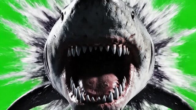 Green Screen great white shark swims to the camera slowly and open its jaws attacks audience scary megalodon with big jaw eats footage has a clean alpha channel in 4k res scene 4 distortion, overlay