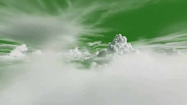 Ethereal Sky Journey with fly into the green screen cloud effect of flying multi layered clouds distortion, overlay, glitch, static noise, scan lines on black background, 4k animated video loop