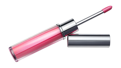 Obraz premium Pink liquid lipstick in a clear tube with applicator wand extended isolated on a transparent background