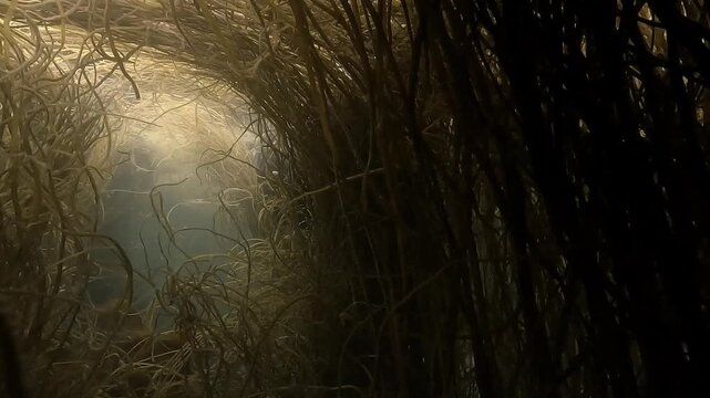 First person view moving slowly through dense yellow Himanthalia elongata seaweed, revealing a small nest like clearing inside this underwater forest in a Breton archipelago, North Atlantic Ocean.