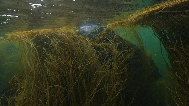 Wide shot of a male grey seal &ndash; Halichoerus grypus &ndash; resting among Himanthalia elongata and breathing at the surface, filmed just below the waterline in the clear coastal waters of a Breton archipelag