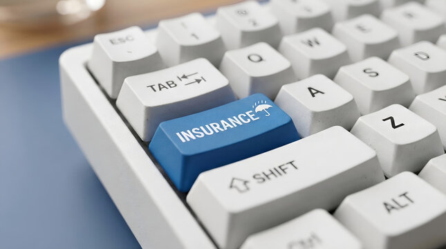Safeguarding Your Future Blue 'INSURANCE' key with umbrella icon on keyboard, representing digital protection, online policy management, and financial security