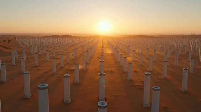 Desert landscape with rows of cylindrical structures under a bright sunset glow