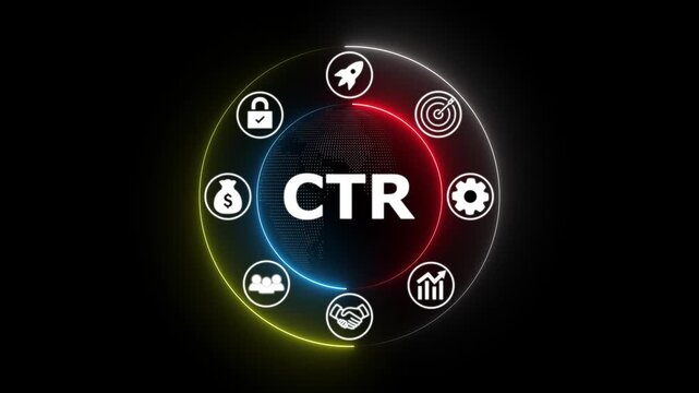 Digital CTR click through rate icon glowing neon circle business analytics dashboard metrics success