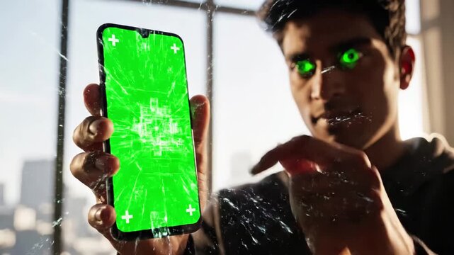 Green Screen a man runs his finger over the of mobile phone against background window online technologies scene 3 with distortion, overlay, glitch, static noise, scan lines on black background, 4k