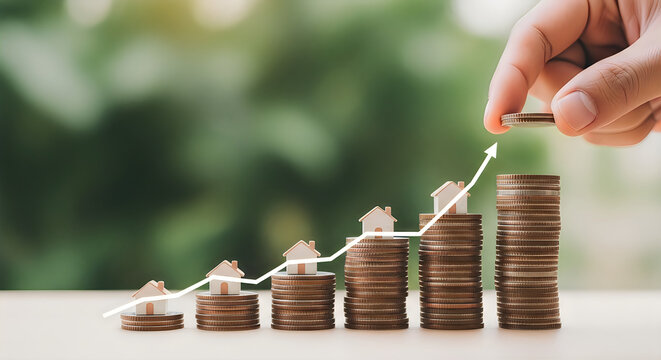 Real Estate Investment Growth Concept with House Models on Increasing Coin Stacks