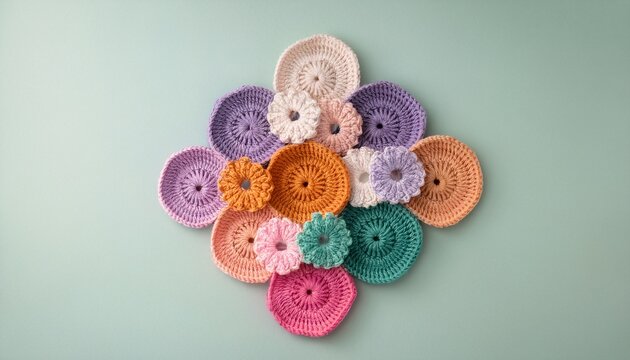 colorful crochet shapes in pastels on solid background handmade craft texture design