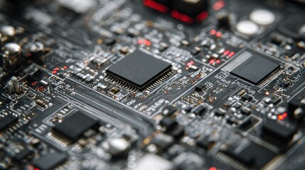Fototapeta premium Close-up of a complex modern computer circuit board with microchips