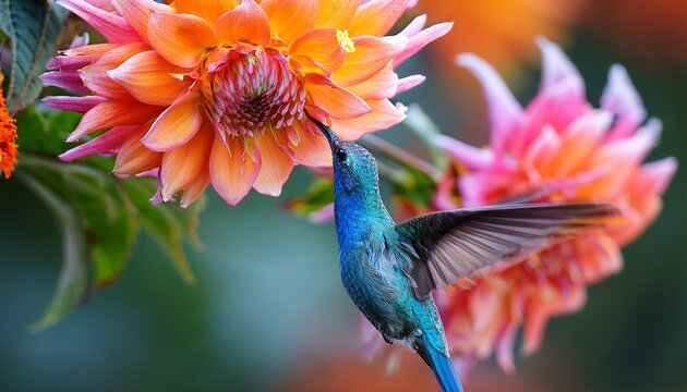vibrant blue hummingbird feeding nectar from a colorful flower with pink and orange petals