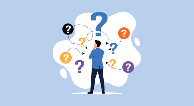 Business Decision Making Concept &ndash; Confused Man Thinking with Question Marks, Problem Solving Vector Illustration