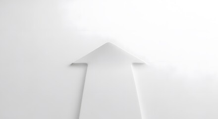 Fototapeta premium Minimalist white arrow pointing straight up on a subtle textured white background, symbolizing direction, ascent, and forward movement in a clean style