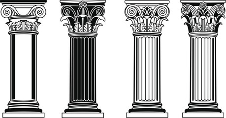 Naklejka premium Classical Greek Roman columns set, antique architectural pillar capitals, ancient temple architecture elements, decorative column vector illustration