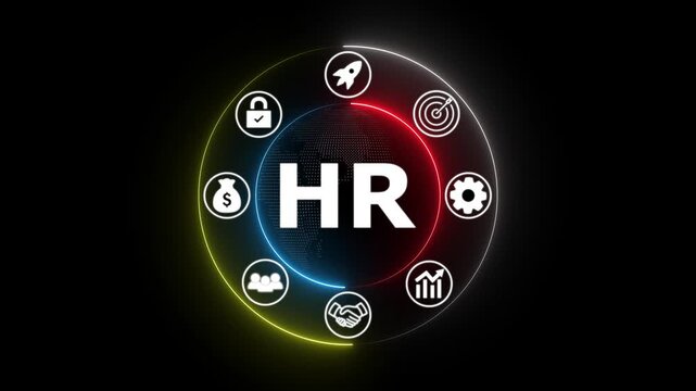 HR human resources concept with glowing icons on dark futuristic background