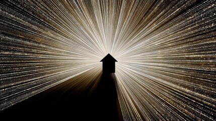 Obraz premium Abstract Glowing Data Grid Converges Toward a House Silhouette in a Digital Landscape at Night With Radiant Light Beams Expanding Outwards