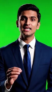 Green Screen handsome businessman looking in camera and talking on a chroma key scene 3 with distortion, overlay, glitch, static noise, scan lines black background, 4k animated video loop