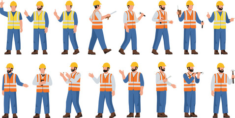 Construction worker characters set, builder with tools, engineer wearing safety helmet, industrial labor poses, builder mascot collection vector illustration
