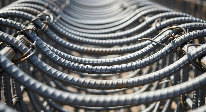 Close-up view of a steel rebar cage structure with coiled metal wires and twisted ties in an industrial setting