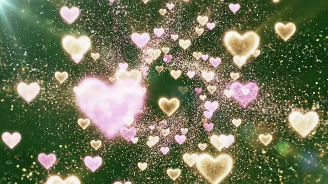 Green Screen particle glitter glow heart background loop seamless scene 3 with distortion, overlay, glitch, static noise, scan lines on black background, 4k animated video