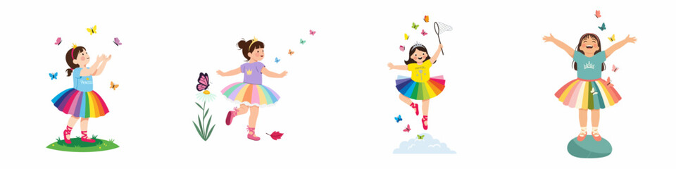 Joyful young girl in princess outfits playing with colorful butterflies, embracing nature's beauty and childhood wonder in various happy scenes.