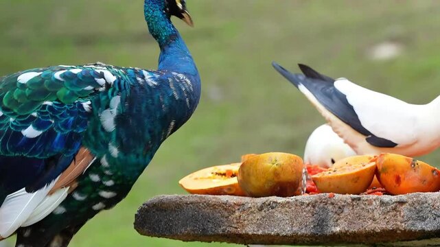 bird behaviour, eating with other birds, molting season, rare color of indian peafowl