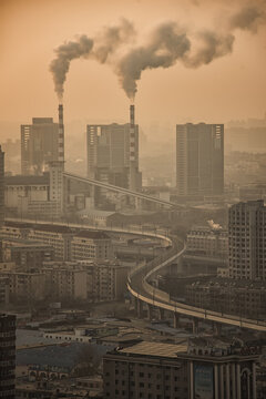 Modern City Under Smog - Dalian Industrial Urban Landscape with Pollution