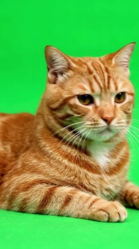 Full Body Detail with ginger cat lying and looked around on a green screen distortion, overlay, glitch, static noise, scan lines black background, 4k animated video loop