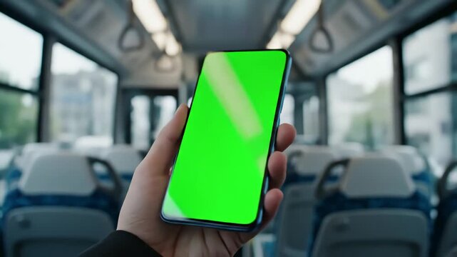 Digital Interaction Mockup with young woman hold use green screen phone sitting in bus touch telephone public communication vertical smartphone adult finger chroma urban cellphone application
