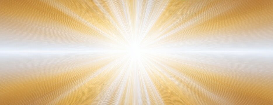 Fundo abstrato dourado com explos&atilde;o de luz branca central e raios brilhantes, efeito de energia radiante.