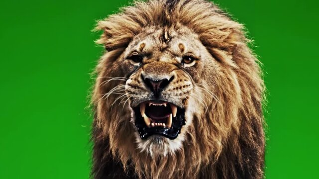 Slow Motion Wildlife with of a lion roaring in front green key distortion, screen overlay, glitch, static noise, scan lines on black background, 4k animated video loop