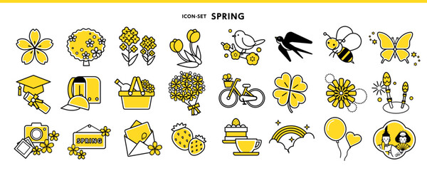 春のカラフルアイコンセット｜花・入学・卒業・いちご・自転車・蜂｜フラットベクター素材