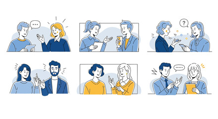 Illustration of a comic strip illustration of people talking and using their phones in various scenarios