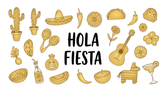 Illustration of a vibrant collection of festive mexican icons and objects for hola fiesta celebration