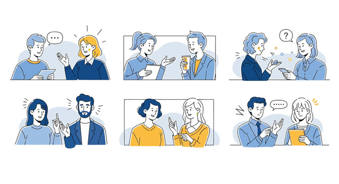 Illustration of a comic strip illustration of people talking and using their phones in various scenarios