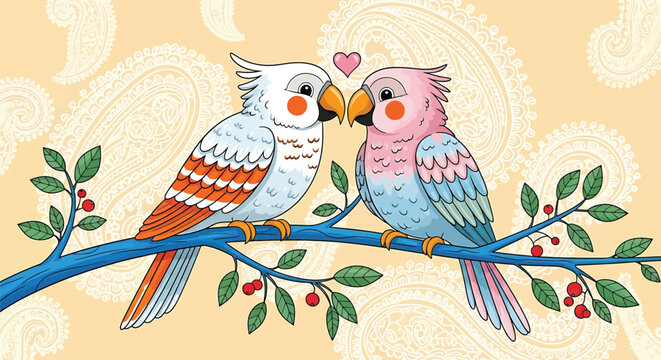 Illustration of two colorful birds sitting on a branch with leaves and berries on a yellow background with white paisley designs