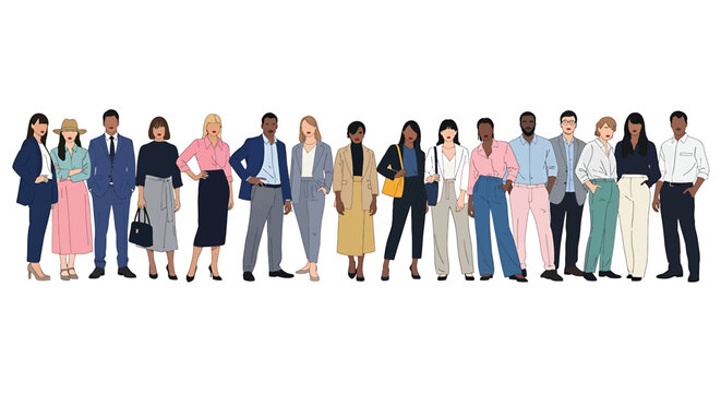 Illustration of diverse group of business people standing in a row with various professions and ethnicities