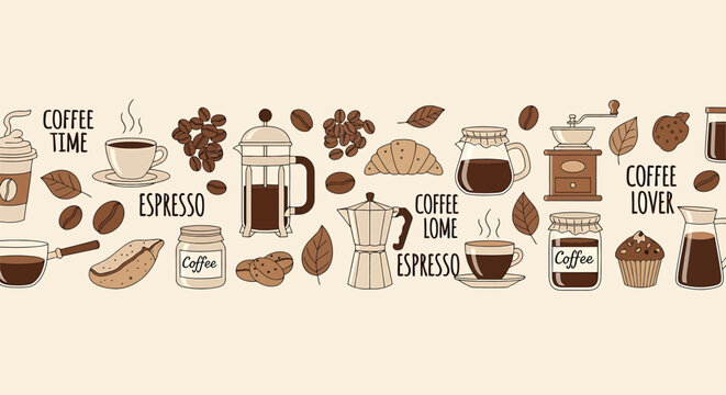 Illustration of a collection of coffee related items including cups mugs beans and equipment on a beige background