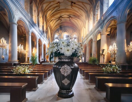 a funeral urn with ash stands with flowers in a cemetery chapel just before the funeral service farewell to the deceased in church