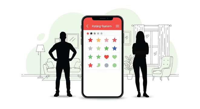 Illustration of vector illustration of a couple standing next to a large smartphone with colorful rating icons on the screen in a living room background